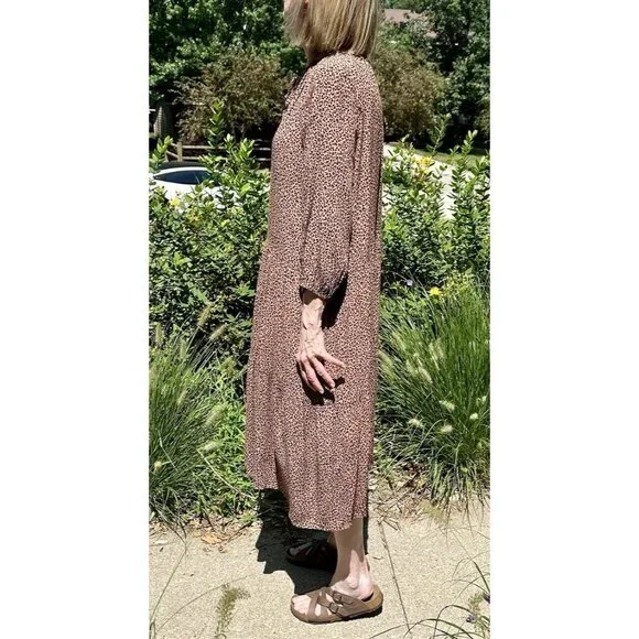 VICI Tiered Midi Dress Size Medium Tan/Black Leopard/Cheetah Print Tie Front - Picture 8 of 16